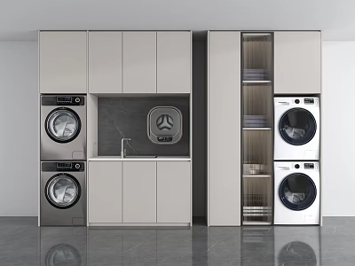 Modern Bathroom Cabinet Rack With Washing Machine Dryer Sink And Storage Cabinets 3d model
