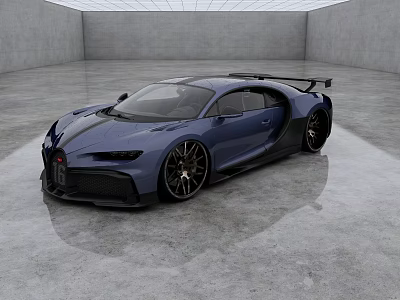 Blue Bugatti Car With Streamlined Body Black Details Large Rear Wing In Gray Concrete Room 3d model