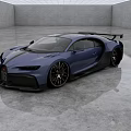 Blue Bugatti Car With Streamlined Body Black Details Large Rear Wing In Gray Concrete Room