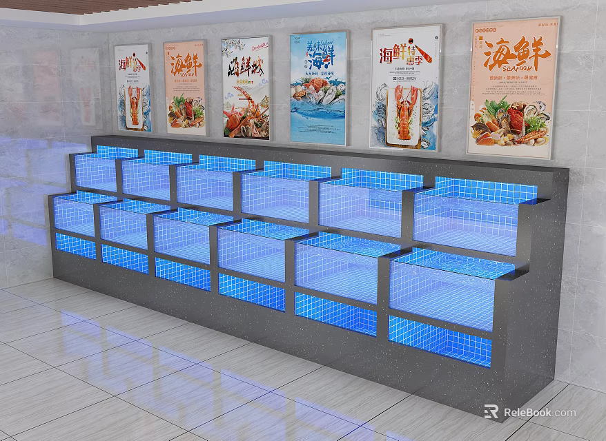 Multiple Aquarium Fish Tanks With Blue Lighting For Seafood Display And Background Posters 3d model