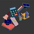 Colorful Stationery Items Featuring Calculator Pencil Books Ruler Desk Lamp And Graduation Caps