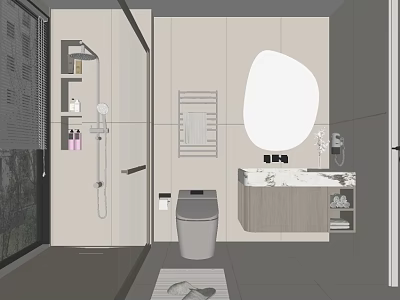 Modern Bathroom Interior Design With Toilet Vanity Marble Countertop Mirror And Shower Area 3d model