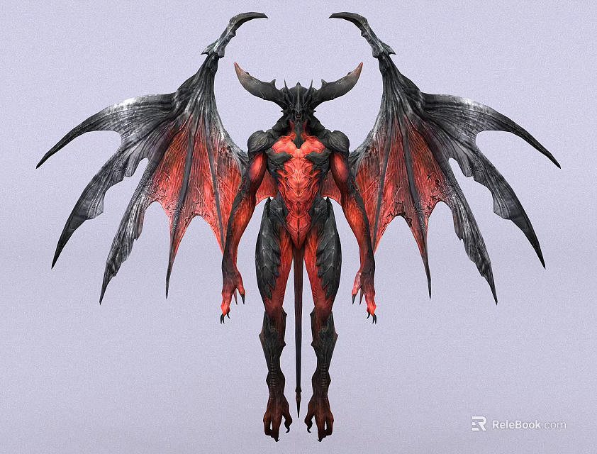 Mythical Flying Creature With Red And Black Wings Horned Head And Demonic Features 3d model 