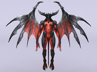 Mythical Flying Creature With Red And Black Wings Horned Head And Demonic Features 3d model