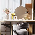 Elegant Dressing Table With Round Mirror Vase Pink Flowers Table Lamp And Comfortable Chair