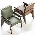 Modern Green And Brown Leather Dining Chairs With Wooden Armrests And Legs