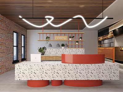 Modern Beauty Reception Interior With Terrazzo Desk Brick Wall And Hanging Lights 3d model
