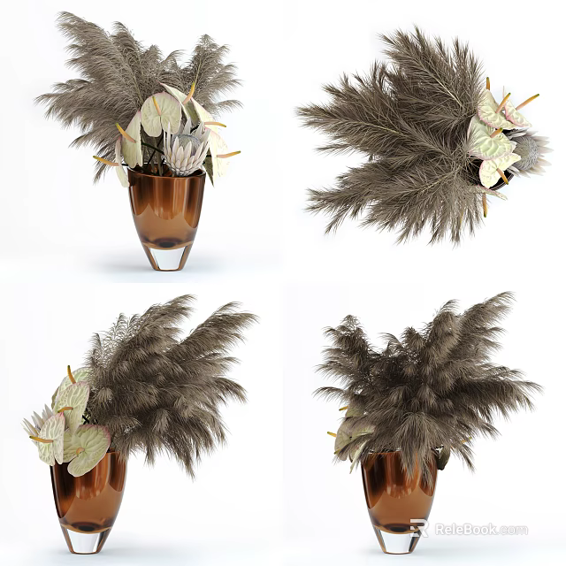 Bonsai Potted Plants With Feathery Foliage And White Leaf Accents In Brown Vases 3d model 