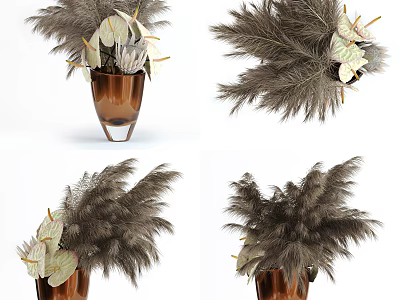 Bonsai Potted Plants With Feathery Foliage And White Leaf Accents In Brown Vases 3d model