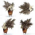 Bonsai Potted Plants With Feathery Foliage And White Leaf Accents In Brown Vases