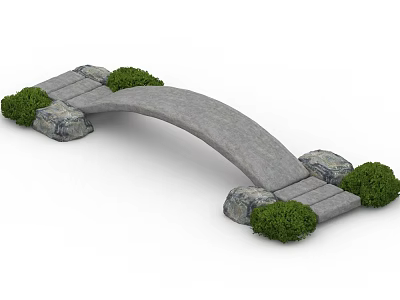 Arched Stone Landscape Bridge With Stone Supports And Green Shrubs 3d model