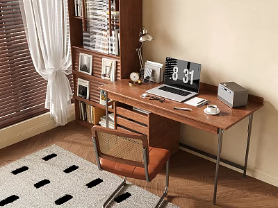 Wooden Home Office Desk with Laptop Bookshelf Lamp Coffee Cup Chair Blinds and Rug 3d model