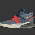 Blue High Top Sports Shoes With Red Straps Yellow Logo Mesh Upper And White Sole