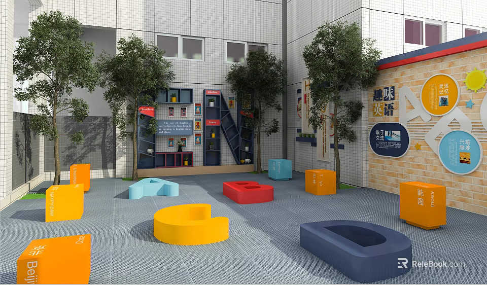 Garden Landscape Design With Outdoor Colorful Benches Green Trees And Grid Paving 3d model 