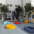 Garden Landscape Design With Outdoor Colorful Benches Green Trees And Grid Paving