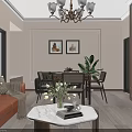 Warm Modern Living And Dining Room With Orange Sofa Marble Coffee Table And Wood Accents