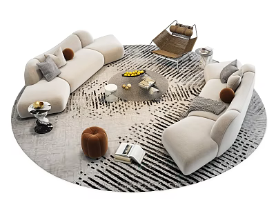 Beige Circular Sofa Coffee Table Set With Cushions Fruit Tray Ottoman And Striped Rug 3d model