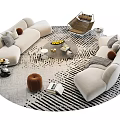 Beige Circular Sofa Coffee Table Set With Cushions Fruit Tray Ottoman And Striped Rug