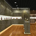 Cultural Center Showcasing Traditional Statues in Glass Cases with Decorative Walls and Wooden Floors
