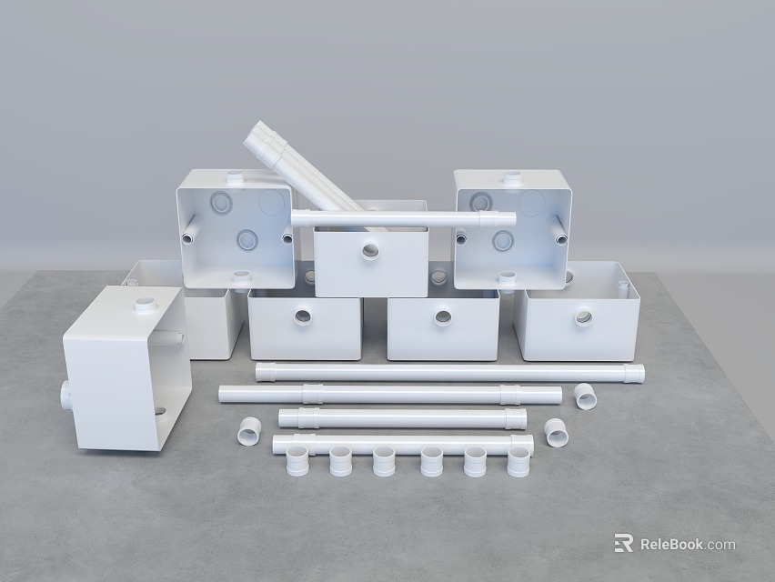 Various White Switch Panel Components Including Square Boxes Long Pipes And Connectors On Gray Tabletop 3d model 
