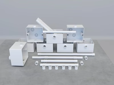 Various White Switch Panel Components Including Square Boxes Long Pipes And Connectors On Gray Tabletop 3d model