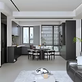 Modern Living Dining Room Interior With Black Sofa White Rug Floor Lamp And Abstract Painting
