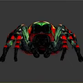 Colorful Spider with Green Red Spots Striped Legs and Shiny Exoskeleton Against Dark Background