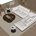 Modern Light Upholstered Sofa and Round Wooden Coffee Table Set with Side Tables and Wicker Chair