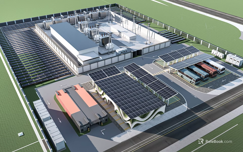 Modern Industrial Plant Design With Rooftop Solar Panels And Multiple Buildings 3d model 