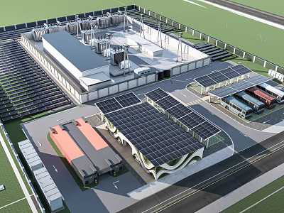 Modern Industrial Plant Design With Rooftop Solar Panels And Multiple Buildings 3d model