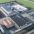 Modern Industrial Plant Design With Rooftop Solar Panels And Multiple Buildings