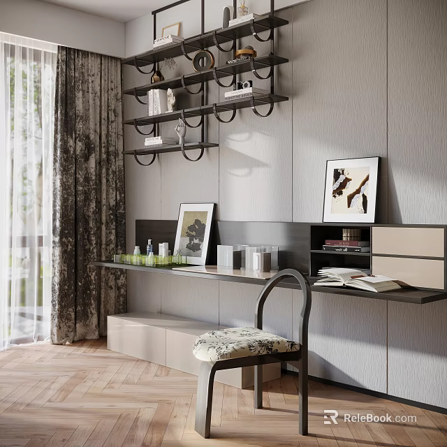 Minimalist Modern Dressing Table Interior With Gray Wall Multi Layer Shelves And Decorative Picture Frames 3d model 