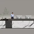 Modern Reception Desk With Marble Countertop Computer Monitors And Green Plant