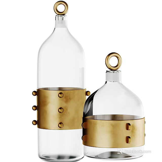 Tall and Short Transparent Glass Bottles with Golden Metal Rings Rivets and Top Ring Handle 3d model 