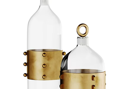 Tall and Short Transparent Glass Bottles with Golden Metal Rings Rivets and Top Ring Handle 3d model