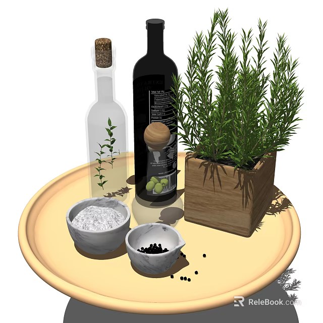 Kitchen Countertop Tray Featuring Olive Oil Bottle Rosemary Plant Salt Pepper Bowls And Herb Bottle 3d model 