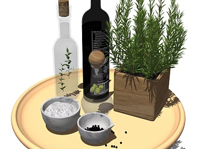 Kitchen Countertop Tray Featuring Olive Oil Bottle Rosemary Plant Salt Pepper Bowls And Herb Bottle 3d model
