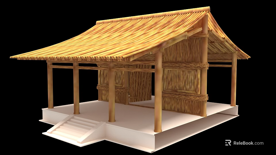 Ancient Traditional Architecture With Thatched Roof Wooden Pillars And Steps 3d model 