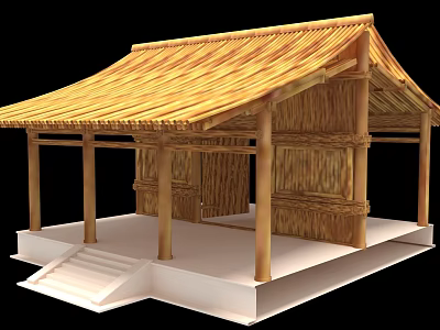 Ancient Traditional Architecture With Thatched Roof Wooden Pillars And Steps 3d model