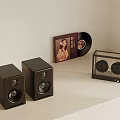 Black Speakers And Transparent Audio Device With Vinyl Record On Shelf
