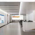 Modern Office Corridor Interior With Bright Lighting Reception Desk And Digital Screens