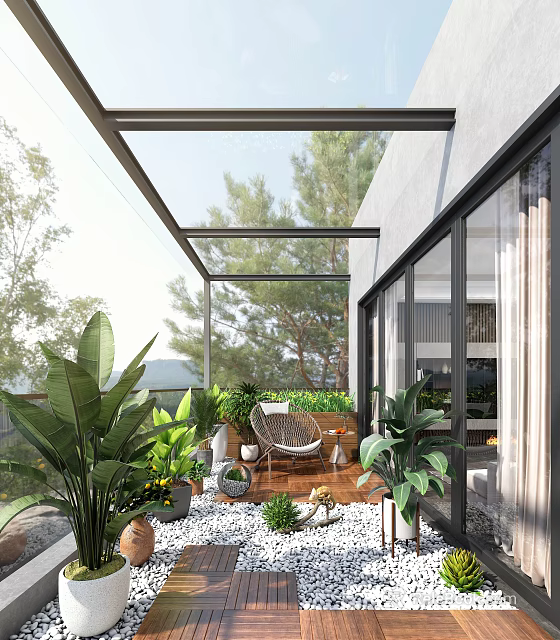 Home Balcony Design Featuring Glass Roof Lush Green Plants Rattan Chair And Pebble Floor 3d model 