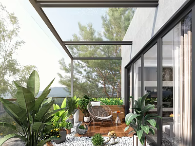 Home Balcony Design Featuring Glass Roof Lush Green Plants Rattan Chair And Pebble Floor 3d model