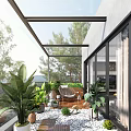 Home Balcony Design Featuring Glass Roof Lush Green Plants Rattan Chair And Pebble Floor
