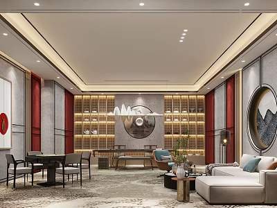 Elegant Chinese Modern Leisure Area With Sofa Coffee Table Green Plant Shelves And Chandelier 3d model