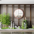 Indoor Zen Garden With Wooden Lattice Background Circular Decoration Bamboo And Stones
