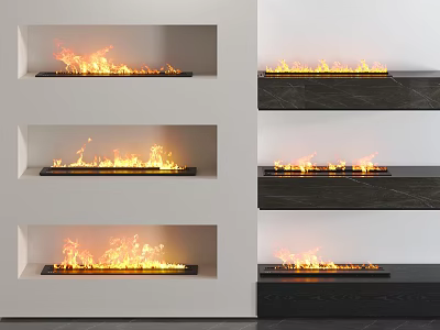 Modern Fireplace Interior Design With Multiple Flames On White Wall And Black Mantel 3d model