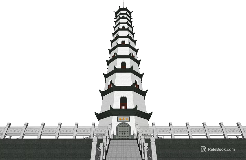 Traditional Chinese White Multi Story Pagoda Featuring Black Eaves Stone Steps And Railing 3d model 