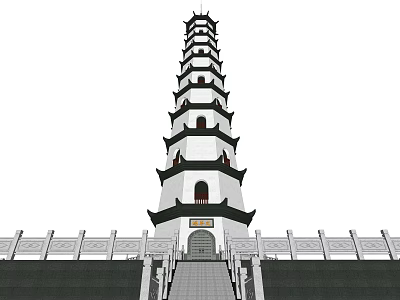 Traditional Chinese White Multi Story Pagoda Featuring Black Eaves Stone Steps And Railing 3d model