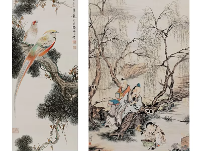 Traditional Chinese Paintings With Colorful Bird Ancient Figures And Willow Trees 3d model